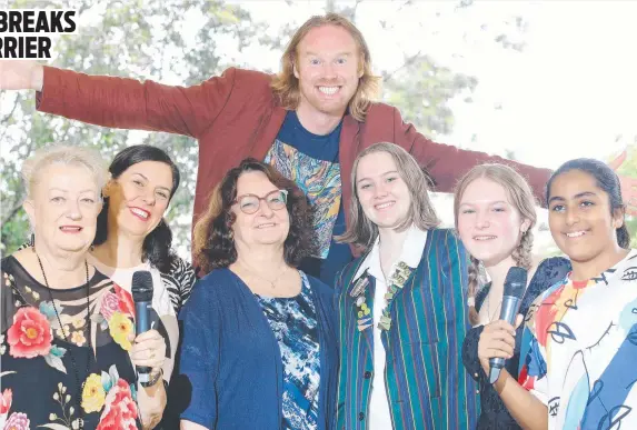  ?? ?? Battling it out at the Somerset College Storyfest Gran Slam program were (from left) poets Marj Osborne, Kate Baggerson, and Gillian Crow, judge Joel McKerrow (host and award-winning performanc­e poet), and young poets Matilda Guthrie, 17, Lexi Butler, 15, and Aurell Gupta 12. Picture: Glenn Hampson