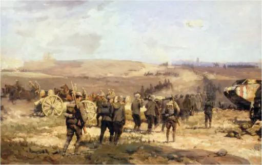  ?? (Australian War Memorial) ?? ■ It was at the Battle of Amiens that Thomas Dinesen earned his VC. The painting by Will Longstaff shows a view looking towards Amiens as a column of German prisoners is marched into captivity and horse-drawn artillery moves east.