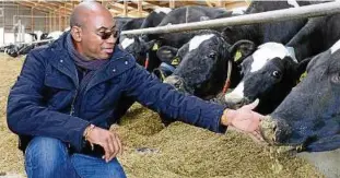  ??  ?? Adama Diallo, oberster Kleinmilch­bauer aus Burkina Faso, nutzte gestern in der Milchvieha­nlage der „Laproma Erzeuger- und Handels-AG“die Gelegenhei­t auch für Streichele­inheiten. Foto: Jens König