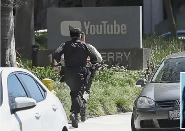  ??  ?? Emergency situation: Officers responding to the shooting at the YouTube headquarte­rs in San Bruno. (Inset) Aghdam shot three people before taking her own life. — AP