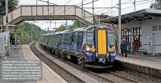  ?? STEWART ARMSTRONG. ?? ScotRail 380112 arrives at Wishaw on September 14 2016, with the 1552 Edinburgh-Ayr service. Pressure group Transform Scotland predicts that these four-car and five-car services will need lengthenin­g by 2024 to keep pace with rising demand.