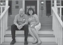  ?? STAFF PHOTO BY DARWIN WEIGEL ?? George and Rose Gazarek pose for a picture on the steps of Maxwell Hall during a recent open house. The two are members of the Hughesvill­e Garden Club and started the Friends of Maxwell Hall earlier this year.