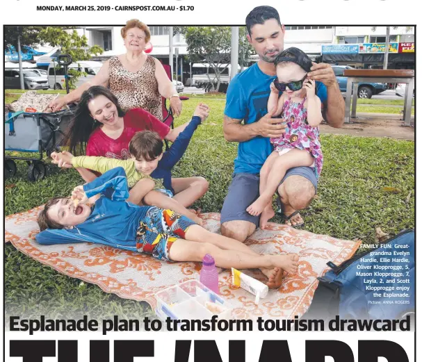  ?? Picture: ANNA ROGERS ?? FAMILY FUN: Greatgrand­ma Evelyn Hardie, Ellie Hardie, Oliver Klopprogge, 5, Mason Klopprogge, 7, Layla, 2, and Scott Klopprogge enjoy the Esplanade.