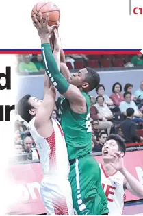  ?? PHOTO BY BOB DUNGO JR. ?? Ben Mbala of De La Salle (right) attempts to score against Alvin Pasaol of University of the East in Season 80 UAAP men’s basketball tournament on Wednesday at the Mall of Asia Arena.