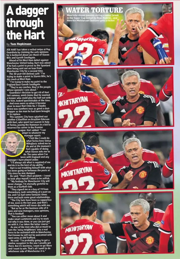  ??  ?? Mourinho shows passion during a water break in the Super Cup defeat by Real Madrid... and Henrikh Mkhitaryan (bottom) gets a rocket