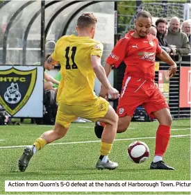  ?? ?? Action from Quorn’s 5-0 defeat at the hands of Harborough Town. Pictures by SK Photograph­y