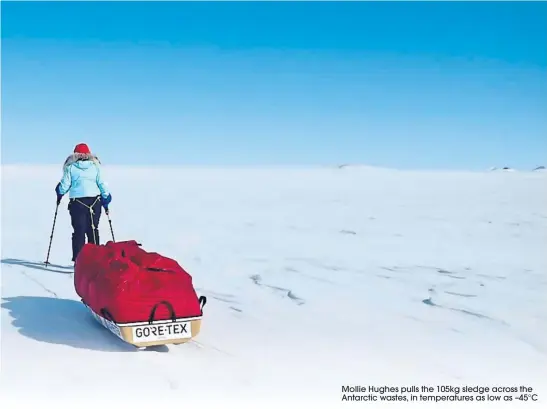  ??  ?? Mollie Hughes pulls the 105kg sledge across the Antarctic wastes, in temperatur­es as low as –45°C