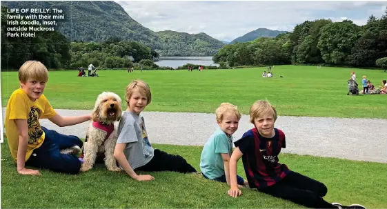  ??  ?? LIFE OF REILLY: The family with their mini Irish doodle, inset, outside Muckross Park Hotel