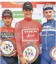  ?? FOTO:DPA ?? Jasper Stuyven (M.), Sonny Colbrelli (l.) und Yves Lampaert (r.).