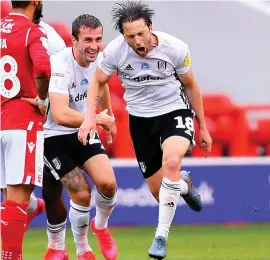  ??  ?? Harry Arter celebrates what proved to be the winning goal for Fulham against Nottingham Forest