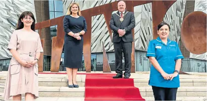  ?? PHOTO SUPPLIED ?? Socially distanced as Titanic Belfast reopens its doors are: Titanic Foundation’s Kerrie Sweeney, Titanic Belfast’s Judith Owens, Belfast’s First Citizen, Alderman Frank McCoubrey and community nurse, Leslie Ann Armstrong.