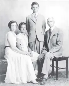  ??  ?? Above left, clockwise from the top: Notes in R.T. Riley’s birthday calendar from his grandson Bill Riley, his son Herbert Riley, and his daughter-in-law Ivy Riley. Above right: A family portrait of Ivy Riley, left, seated with her husband Herbert Riley, right, with their two children, Eleanor Riley and Bill Riley, between them.