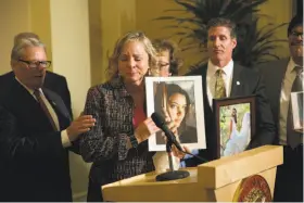  ?? Carl Costas / Associated Press 2015 ?? Debbie Ziegler, mother of Brittany Maynard, who moved to Oregon to get aid-in-dying assistance, speaks after California’s law was passed in 2015.