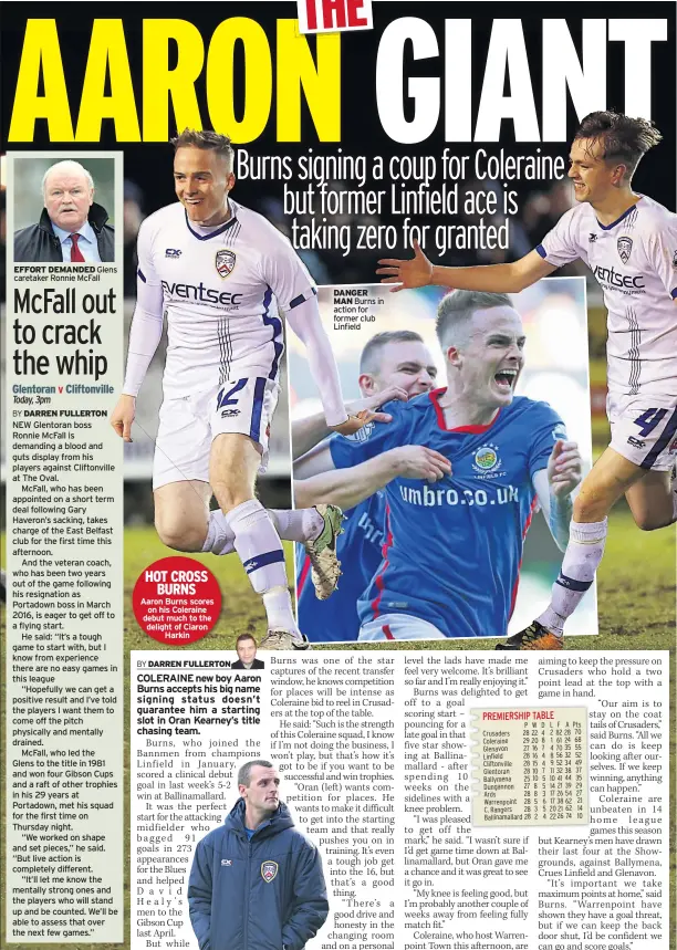  ??  ?? HOT CROSS BURNS Aaron Burns scores on his Coleraine debut much to the delight of Ciaron Harkin DANGER MAN Burns in action for former club Linfield