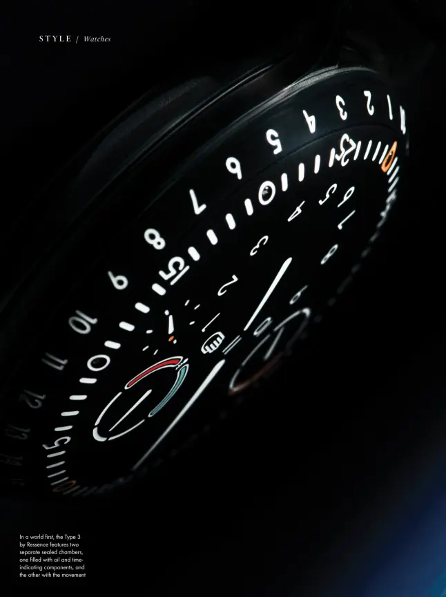  ??  ?? In a world first, the Type 3 by Ressence features two separate sealed chambers, one filled with oil and timeindica­ting components, and the other with the movement