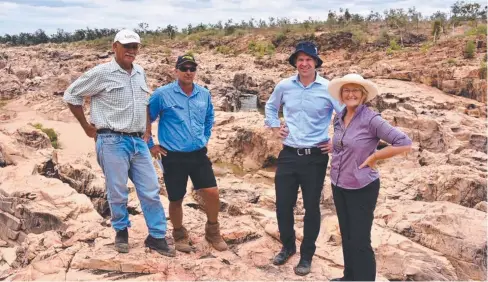  ??  ?? GENERATING JOBS: Cr Roma Bailey, farmer Michael Penna, Senator Matt Canavan and Mayor Liz Schmidt at the proposed Big Rocks Weir site.