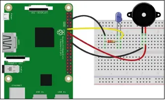  ??  ?? A circuit such as this, with an LED and a buzzer, is the ideal starting point for those interested in electronic­s and making. It is simple enough to build in 10 minutes.