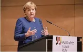  ?? FOTO: DPA ?? Bundeskanz­lerin Angela Merkel gestern Abend beim Politische­n Forum Ruhr in Essen.