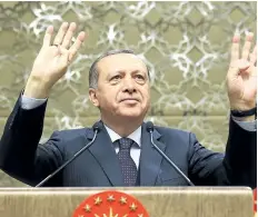  ?? KAYHAN OZER/THE ASSOCIATED PRESS ?? Turkey’s President Recep Tayyip Erdogan speaks in Ankara, Turkey, on Wednesday. He says his country can’t “be pushed and shoved.”