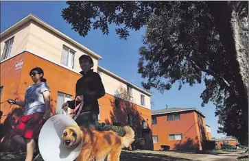  ?? Genaro Molina Los Angeles Times ?? WOMEN walk their dogs in front of the Wyvernwood Garden Apartments in Boyle Heights. Built in 1939 and home to about 6,000 residents, the property is one of several considered endangered by the L.A. Conservanc­y.