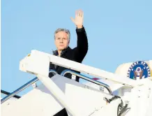  ?? AP ?? Secretary of State Antony Blinken waves as he boards a plane on Sunday, en route to Saudi Arabia as part of his fifth urgent trip to the Middle East since the war between Israel and Hamas in Gaza erupted in October.