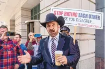  ?? GEMUNU AMARASINGH­E/ASSOCIATED PRESS ?? Otero County Commission­er Couy Griffin speaks outside the federal court after the verdict in his trial in Washington in March. Griffin was convicted of illegally entering U.S. Capitol grounds.