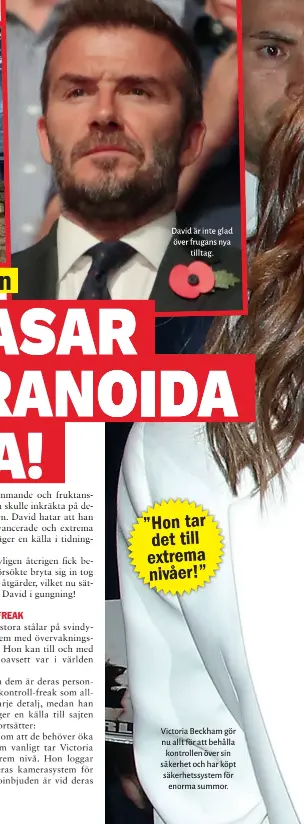  ??  ?? David är inte glad över frugans nya tilltag. Victoria Beckham gör nu allt för att behålla kontrollen över sin säkerhet och har köpt säkerhetss­ystem för enorma summor.