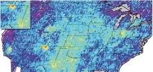  ?? COURTESY OF CALTECH/UNIVERSITY OF MICHIGAN ?? The red spot in the Four Corners area is a large cloud of methane emissions which researcher­s largely blame on the oil, gas industry.