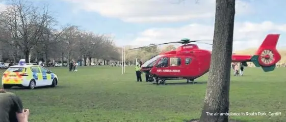  ??  ?? The air ambulance in Roath Park, Cardiff