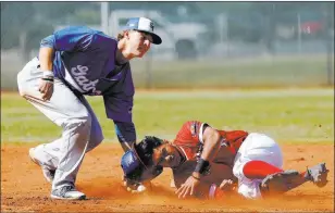  ??  ?? ABOVE: Liberty’s Zanden Shim is out at second as Green Valley’s Carter Gehlken applies the tag in the first inning Friday at Liberty High School in Henderson.
LEFT: Green Valley’s Garrett Nelson comes home with a run in the decisive four-run seventh....