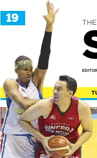  ?? JUN MENDOZA ?? Greg Slaughter of Ginebra uses his height advantage as he prepares to take a shot against Rafi Reavis of Magnolia in the second game of the semifinal series at the Smart Araneta Coliseum.