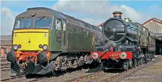  ?? PETER ZABEK ?? Two Pendennis Castles line up at Didcot on April 2, with the modern-day GWR’s Class 57 No. 57604 diesel on the left next to original GWR Castle Class 4-6-0 No. 4079, which was officially launched back into traffic that day.