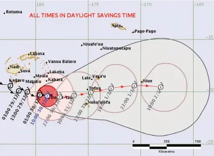  ?? Photo: Fiji Meteorolog­ical Service ?? Tropical Cyclone Sarai forecast track map.