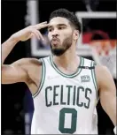  ?? AP photo ?? Jayson Tatum of the Celtics blows a kiss to the crowd after scoring during the second half of Boston’s series-clinching 116112 win over the Brooklyn Nets on Monday.