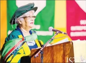 ?? ?? Bernadette Indira Persaud, AA responds after being conferred with an Honorary Doctorate for Excellence in Arts from the University of Guyana, November 11, 2023 (Photo credit: University of Guyana)