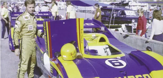  ??  ?? Above: Mark Donohue poses thoughtful­ly by the cockpit of the Porsche 917/30 that he considered ‘the perfect race car’. After his successful season he retired from racing