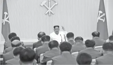  ?? AGENCE FRANCE PRESSE ?? North Korean leader Kim Jong-Un speaks while attending the first Enlarged Meeting of the 7th Central Military Commission of the Workers' Party of Korea (WPK) in Pyongyang.