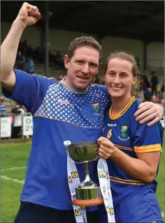  ??  ?? Wicklow captain Sarah Hogan celebrates with hermanager Mick O’Rourke after the Lidl Ladies Football National League Division 4 Final.