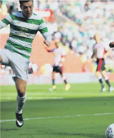  ??  ?? Sunderland new boy Aiden McGeady gets in a shot against former club Celtic. Pictures by Frank Reid.