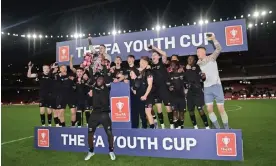  ?? Photograph: Arfa Griffiths/West Ham United/Shuttersto­ck ?? West Ham celebrate winning the FA Youth Cup after defeating Arsenal.