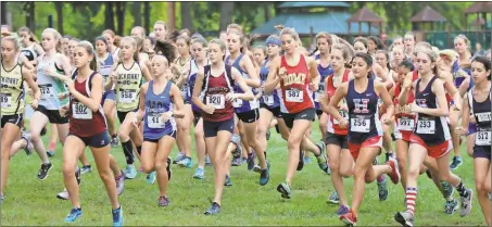  ?? Jeremy Stewart / Rome News-Tribune ?? Runners in the girls’ varsity race of the 25th annual Ridge Ferry Invitation­al head out onto the course at Ridge Ferry Park on Saturday.