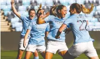  ?? JASON CAIRNDUFF/ACTION IMAGES/REUTERS ?? Manchester City's Janine Beckie, second from right, celebrates scoring a goal on March 31.