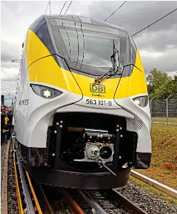  ?? TONY STREETER. ?? Mireo Plus H 563101 - the unit used for the demonstrat­ion - at Wildenrath on September 9. This is the hydrogen-powered variant of an EMU platform intended to replace Siemens’ successful Desiro.