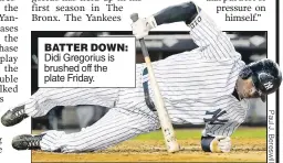  ??  ?? BATTER DOWN: Didi Gregorius is brushed off the plate Friday.