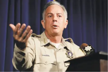  ?? John Locher / Associated Press ?? Clark County Sheriff Joe Lombardo discusses the investigat­ion into the Oct. 1 shooting in Las Vegas that killed 58 people. The gunman, Stephen Paddock, was found dead from a self-inflicted gunshot.