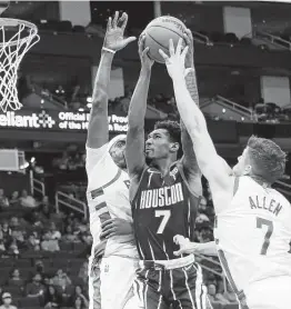  ?? Elizabeth Conley / Staff photograph­er ?? After starting against the Bucks on Friday, Armoni Brooks returned to a reserve role Saturday and helped the Rockets’ bench produce 54 points.