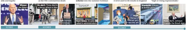  ??  ?? Winner:
Joe Biden
Out: Dominic Cummings
Hard times: Arcadia called in administra­tors
Hope:
Margaret Keenan gets the vaccine, left
Standstill: Queues at British ports
Done: Boris Johnson finalises the Brexit deal