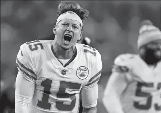  ?? MARCIO JOSE SANCHEZ/AP PHOTO ?? In this Dec. 16, 2021, file photo, Kansas City Chiefs quarterbac­k Patrick Mahomes celebrates after the Chiefs defeated the Los Angeles Chargers in a game in Inglewood, Calif.