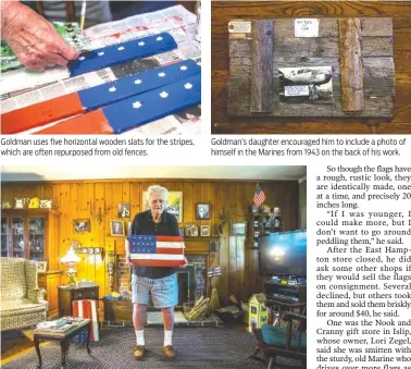  ?? PHOTOS BY HIROKO MASUIKE/THE NEW YORK TIMES ?? Goldman’s daughter encouraged him to include a photo of himself in the Marines from 1943 on the back of his work. Gerald Goldman, 94, who served in World War II in the Marine Corps, began making hand-painted flags for friends and neighbors a few years...