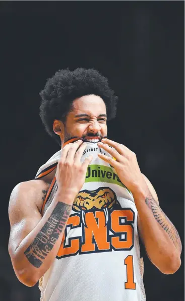  ?? Picture: GETTY IMAGES ?? GNASHING TEETH: Melo Trimble reacts after the final whistle during the round 10 NBL match between the Adelaide 36ers and the Cairns Taipans at Titanium Security Arena.